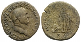 Vespasian (69-79). Æ Sestertius (34mm, 25.10g, 6h). Judaea Capta issue. Rome, AD 71. Laureate head r. R/ Palm tree; to l., Judaea seated l. on cuirass...