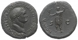 Vespasian (69-79). Æ Sestertius (34mm, 23.18g, 6h). Rome, AD 71. Laureate head r. R/ Roma standing l., holding sceptre and crowning Victory. RIC II 19...