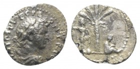 Titus (Caesar, 69-79). AR Denarius (17mm, 2.62g, 6h). “Judaea Capta” commemorative. Antioch, 72-3. Laureate and draped bust r. R/ Palm tree; to l., Ti...
