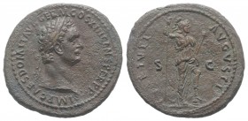 Domitian (81-96). Æ As (31mm, 11.10g, 6h). Rome, AD 87. Laureate head r. R/ Virtus standing r., with foot on helmet, holding spear and parazonium. RIC...
