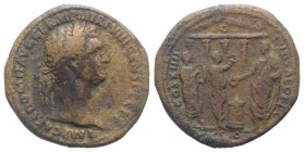 Domitian (81-96). Æ As (29mm, 12.83g, 6h). Secular Games issue. Rome, AD 88. Laureate head r. R/ Domitian standing l., sacrificing over altar; to l., ...