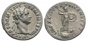 Domitian (81-96). AR Denarius (18mm, 3.17g, 6h). Rome, 93-4. Laureate head r. R/ Minerva standing l. on galley, wearing aegis, and brandishing spear a...