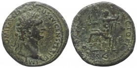 Domitian (81-96). Æ Sestertius (36mm, 22.78g, 6h). Rome, 92-4. Laureate head r. R/ Jupiter seated l., holding Victory and sceptre. RIC II 751. Green p...