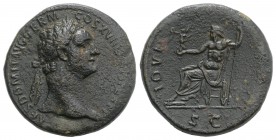 Domitian (81-96). Æ Sestertius (33mm, 25.16g, 6h). Rome, 95-6. Laureate head r. R/ Jupiter seated l., holding Victory and sceptre. RIC II 794. Nnear V...