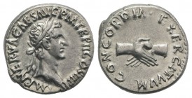 Nerva (96-98). AR Denarius (17mm, 3.29g, 6h). Rome, AD 97. Laureate head r. R/ Clasped right hands. RIC II 26; RSC 22. Toned, about EF