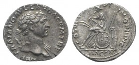 Trajan (98-117). AR Denarius (18mm, 3.00g, 6h). Rome, 108-9. Laureate bust r., slight drapery. R/ Dacian seated l. on pile of arms, in attitude of mou...