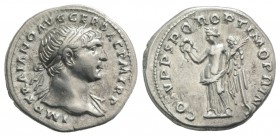 Trajan (98-117). AR Denarius (18.5mm, 3.30g, 6h). Rome, 107-111. Laureate bust r., slight drapery on l. shoulder. R/ Victory standing facing, head l.,...