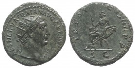 Trajan (98-117). Æ Dupondius (28mm, 11.47g, 6h). Rome, 101-2. Radiate head r. R/ Abundantia seated l. on chair formed of two cornucopias, holding scep...