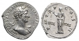 Hadrian (117-138). AR Denarius (20mm, 3.27g, 7h). Rome, AD 118. Laureate bust r., with drapery on far shoulder. R/ Pietas standing l., raising hand an...