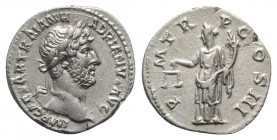 Hadrian (117-138). AR Denarius (18mm, 3.26g, 6h). Rome, c. 119-125. Laureate bust r. R/ Aequitas standing facing, head l., holding scales and cornucop...