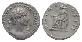Hadrian (117-138). AR Denarius (18mm, 3.32g, 6h). Rome, c. 119-125. Laureate bust r., slight drapery on far shoulder. R/ Concordia seated l., holding ...