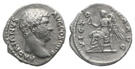 Hadrian (117-138). AR Denarius (17mm, 2.79g, 6h). Rome, 134-8. Bare head r. R/ Victory seated l., holding wreath and palm frond. RIC II 286; RSC 1461....