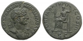 Hadrian (117-138). Æ Sestertius (33mm, 26.07g, 6h). Rome, 119-120. Laureate, heroic bust r., with slight drapery on far shoulder. R/ Jupiter seated l....
