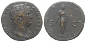 Hadrian (117-138). Æ Sestertius (33mm, 25.99g, 6h). Rome, 125-8. Laureate bust r., slight drapery. R/ Diana standing facing, head r., holding arrow an...
