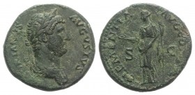 Hadrian (117-138). Æ As (27mm, 11.98g, 1h). Rome, c. 132-4. Laureate and draped bust r. R/ Clementia standing l., holding patera and sceptre. RIC II 7...