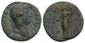 Hadrian (117-138). Æ Sestertius (30mm, 22.16g, 6h). Rome, c. 134-8. Laureate head r. R/ Aequitas standing l., holding scales and pertica. RIC II 743d....