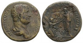 Hadrian (117-138). Æ Sestertius (31mm, 25.78g, 6h). Rome, c. 134-8. Bare-headed and draped bust r. R/ Emperor, togate, standing l., holding scroll and...