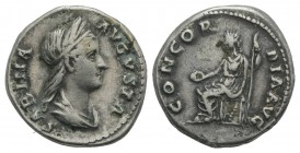 Sabina (Augusta, 128-136/7). AR Denarius (17mm, 3.59g, 6h). Rome, 134-6. Diademed and draped bust r. R/ Concordia standing l., holding patera and doub...