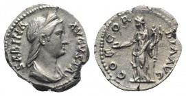 Sabina (Augusta, 128-136/7). AR Denarius (18mm, 3.20g, 6h). Rome, 134-6. Diademed and draped bust r. R/ Concordia standing l., holding patera and doub...