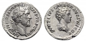 Antoninus Pius and Marcus Aurelius Caesar (138-161). AR Denarius (17mm, 3.55g, 6h). Rome, 140-4. Bare head of Antoninus Pius r. R/ Bareheaded and drap...