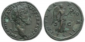 Antoninus Pius (138-161). Æ Sestertius (33mm, 25.82g, 12h). Rome, c. 141-3. Laureate head r. R/ Victory flying r., holding transverse trophy with both...