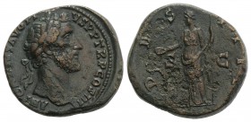 Antoninus Pius (138-161). Æ Sestertius (30mm, 31.38g, 10h). Rome, AD 144. Laureate head r. R/ Salus standing l., feeding from patera a serpent rising ...