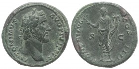 Antoninus Pius (138-161). Æ Sestertius (33mm, 29.09g, 11h). Rome, c. 147-8. Laureate head r. R/ Honos standing l., holding branch and cornucopia. RIC ...