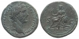 Antoninus Pius (138-161). Æ Sestertius (32mm, 23.67g, 12h). Rome, AD 147. Laureate head r. R/ Roma seated l., holding Victory and spear, resting l. ar...