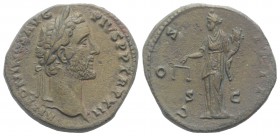 Antoninus Pius (138-161). Æ Sestertius (32mm, 25.07g, 12h). Rome, 148-9. Laureate head r. R/ Aequitas standing l., holding scales and cornucopia. RIC ...