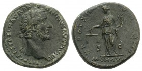 Antoninus Pius (138-161). Æ Sestertius (33mm, 29.35g, 12h). Rome, 144. Laureate head r. R/ Moneta standing l., holding scales and cornucopiae. RIC III...