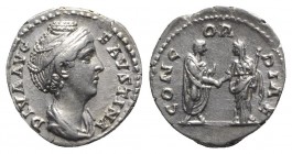 Diva Faustina Senior (died 140/1). AR Denarius (17mm, 3.57g, 12h). Rome, c. 141-6. Draped bust r. R/ Antoninus Pius, holding volumen, and Diva Faustin...