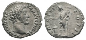 Marcus Aurelius (Caesar, 139-161). AR Denarius (17mm, 3.25g, 6h). Rome, 151-2. Bare head r. R/ Genius Exercitus standing l., holding aquila and sacrif...