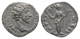 Marcus Aurelius (Caesar, 139-161). AR Denarius (16mm, 2.31g, 12h). Rome, 157-8. Bare head r. R/ Felicitas standing l., holding caduceus and sceptre. R...