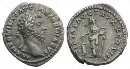 Marcus Aurelius (161-180). AR Denarius (19mm, 3.21g, 6h). Rome, AD 166. Laureate head r. R/ Pietas standing facing, head l., sacrificing with patera o...