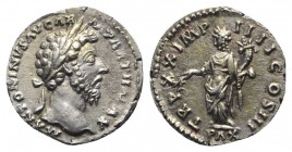 Marcus Aurelius (161-180). AR Denarius (17mm, 2.76g, 12h). Rome, AD 166. Laureate head r. R/ Pax standing l., holding branch in her r. hand and cornuc...