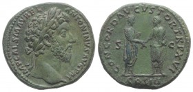 Marcus Aurelius (161-180). Æ Sestertius (33mm, 25.28g, 12h). Rome, AD 162. Laureate head r. R/ Marcus Aurelius and Lucius Verus standing vis-à-vis, cl...