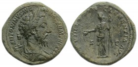 Marcus Aurelius (161-180). Æ Sestertius (33mm, 22.86g, 12h). Rome, 175-6. Laureate, draped and cuirassed bust r. R/ Clementia standing l., holding pat...
