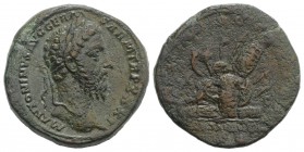 Marcus Aurelius (161-180). Æ Sestertius (33mm, 25.57g, 12h). Rome, 176-7. Laureate head r. R/ Pile of arms consisting of cuirass, shields, helmet, vex...