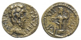 Marcus Aurelius (161-180). Mysia, Lampsacus. Æ (13mm, 1.27g, 12h). Bare head r. R/ Ithyphallic statue of Priapus standing l. on base, holding cantharu...