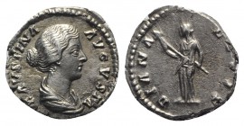 Faustina Junior (Augusta, 147-175). AR Denarius (17mm, 3.27g, 12h). Rome, 154-7. Draped bust r. R/ Diana Lucifera standing facing, head l., holding lo...