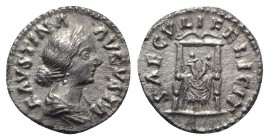 Faustina Junior (Augusta, 147-175). AR Denarius (16.5mm, 3.02g, 6h). Rome, 154-7. Draped bust r., wearing stephane. R/ Two infants seated on draped th...