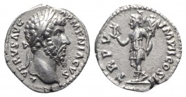 Lucius Verus (161-169). AR Denarius (17mm, 3.32g, 6h). Rome, AD 165. Laureate head r. R/ Roma advancing l., holding Victory and trophy. RIC III 537 (M...