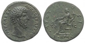 Lucius Verus (161-169). Æ Sestertius (32mm, 21.99g, 6h). Rome, 162-3. Bare head r. R/ Fortuna seated l., holding cornucopiae and resting r. hand on ru...