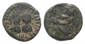 Justin I and Justinian I (AD 527). Æ 5 Nummi (12mm, 2.17g, 5h). Antioch. Diademed, draped and cuirassed busts of Justin and Justinian facing. R/ Tyche...