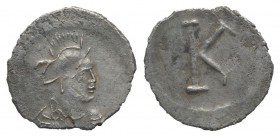 Anonymous, time of Justinian I, c. 530. AR Siliqua or Scripulum (15mm, 0.73g, 6h). Constantinople. Helmeted and draped bust of Constantinopolis r. R/ ...