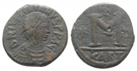 Justinian I (527-565). Æ 40 Nummi (27mm, 16.52g, 3h). Carthage, c. 533-538. Diademed, draped and cuirassed bust r., with Christogram on chest. R/ Larg...