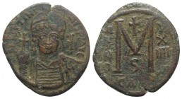 Justinian I (527-565). Æ 40 Nummi (40mm, 22.98g, 6h). Carthage, year 14 (540/1). Helmeted and cuirassed bust facing, holding globus cruciger and shiel...