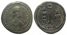 Justinian I (527-565). Æ 10 Nummi (23.5mm, 5.69g, 2h). Carthage, year 13 (539/40). Diademed, draped and cuirassed bust r. R/ Large I; cross above, dat...