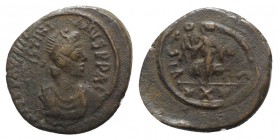 Justinian I (527-565). Æ 10 Nummi (23mm, 5.80g, 3h). Carthage, 548/9. Diademed, draped and cuirassed bust r. R/ Victory advancing facing, holding wrea...