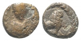 Justinian I (527-565). Æ Nummus (8mm, 0.86g, 6h). Rome, c. 547-552. Helmeted and cuirassed facing bust, holding globus cruciger and shield. R/ Lion wa...